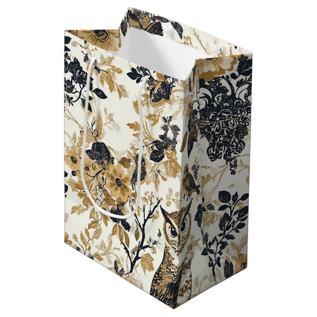 Rustic Beige Owl Woodland Floral Pattern Medium Gift Bag (Front Angled)