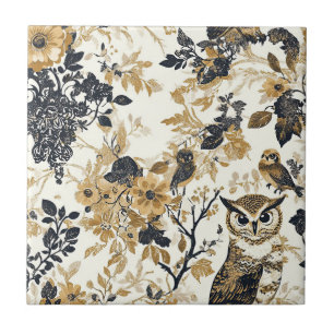 Rustic Beige Owl Woodland Floral Pattern Tile