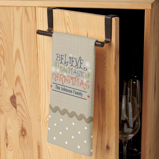 Rustic Beige Polka Dot Christmas Monogrammed Kitchen Towel (Thirds Fold)