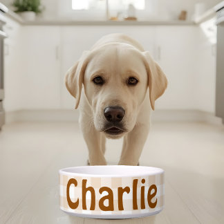 Rustic Beige White Gingham Buffalo Pattern Name Bowl