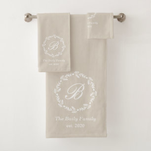 Rustic Beige Winter Wreath Family Name Monogram Bath Towel Set