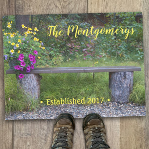 Rustic Bench Flower Pot Personalized Welcoming Doormat
