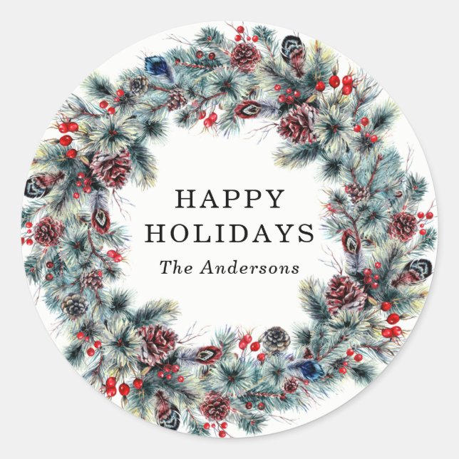 Rustic Berries and Pine | Holiday Stickers (Front)