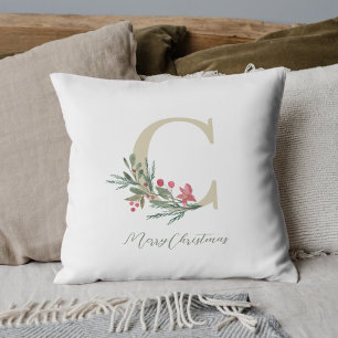 Rustic Berry Branch Initial Christmas Throw Pillow