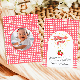 Rustic Berry First Birthday Photo Red Strawberry Thank You Card