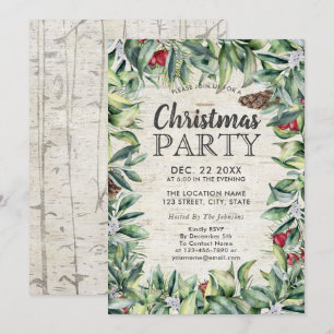 Rustic Berry Winter Greenery Birch Christmas Party Invitation