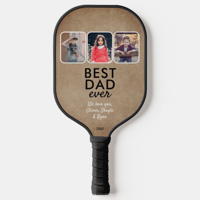 Rustic Best Dad Ever 3 Kids Photo Collage Pickleball Paddle (Front)