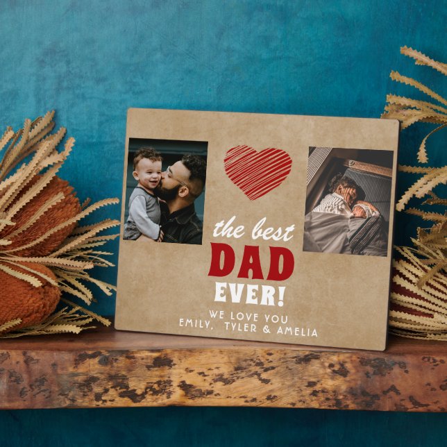 Rustic Best Dad Ever Red Heart 2 Photo Plaque (Side)