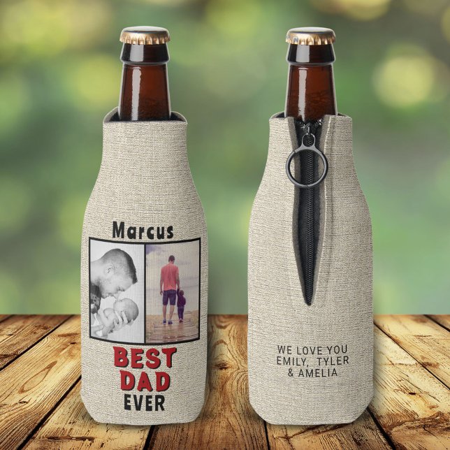 Rustic Best Dad Father`s Day 2 Photo Collage Bottle Cooler (Creator Uploaded)