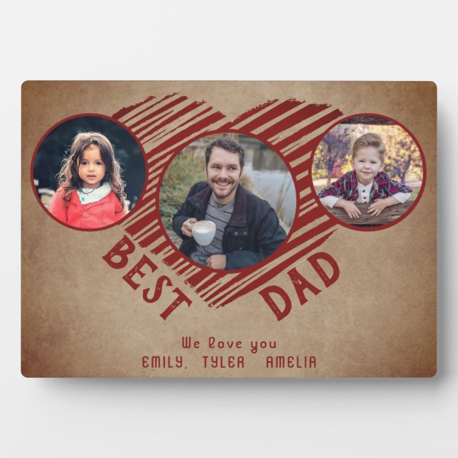 Rustic Best Dad Heart Father`s Day 3 Photo Collage Plaque (Front)