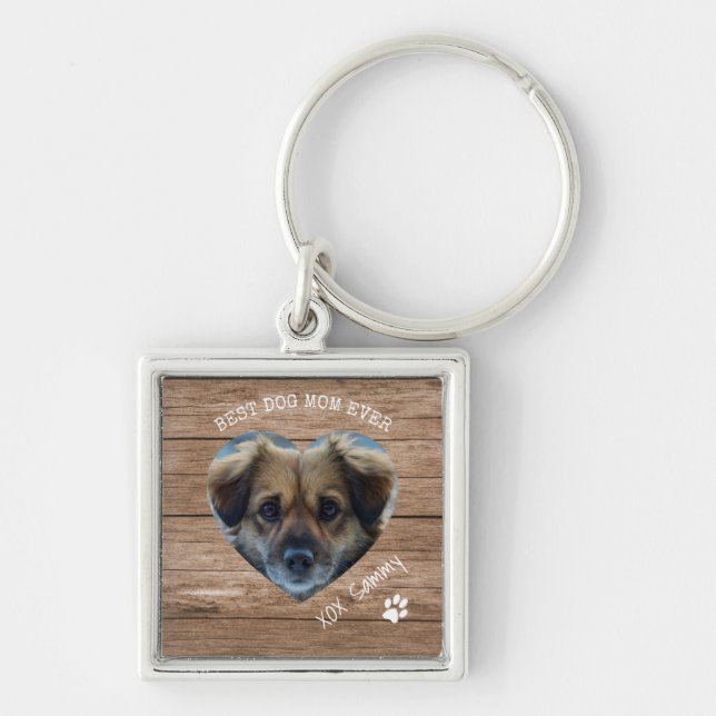 Rustic Best Dog Mom Ever Pet Photo & Paw Print Keychain (Front)