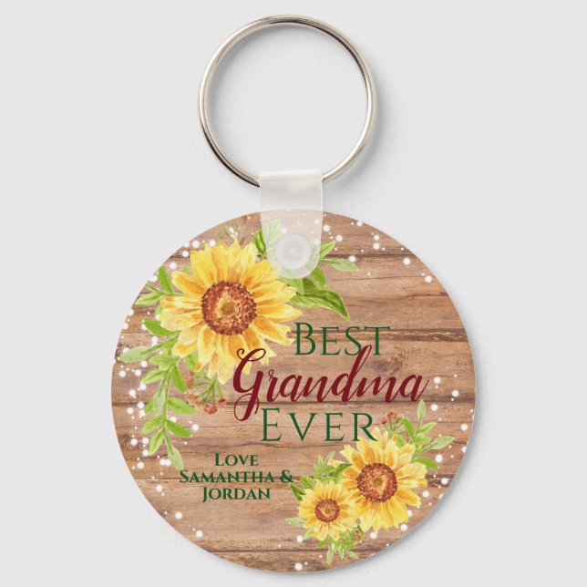 Rustic Best Grandma Ever Floral Sunflower Keychain (Front)
