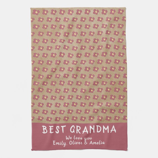 Rustic Best Grandma Red Flower Pattern Kitchen Towel (Vertical)