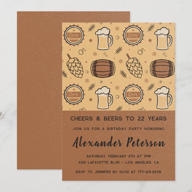 Rustic Bière invitations de 22e anniversaire Homme (Devant / Derrière)
