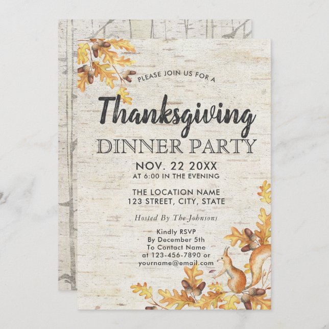 Rustic Birch Acorns Oak Leaves Thanksgiving Invitation (Front/Back)