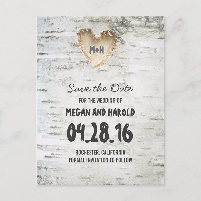 Rustic Birch Bark Heart save the date Announcement Postcard (Front)