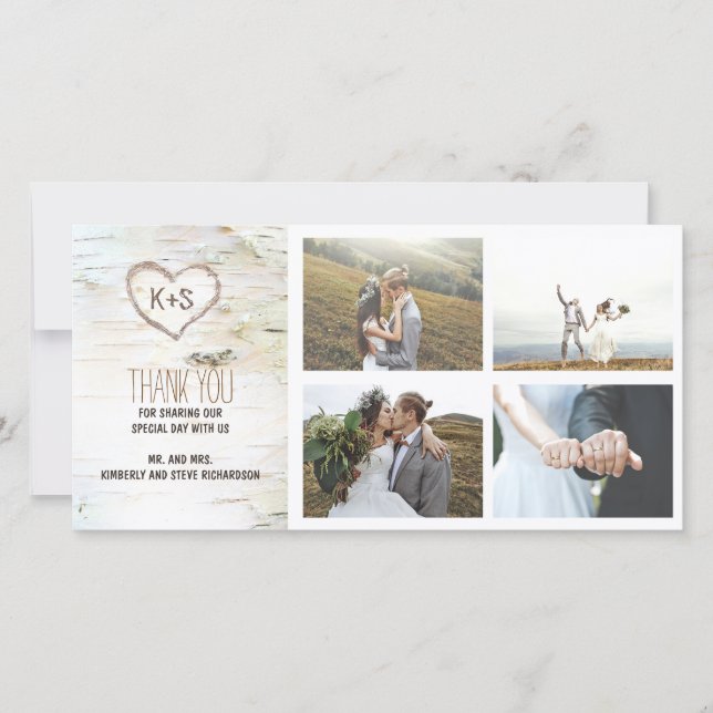 Rustic Birch Bark Heart Wedding Thank You (Front)