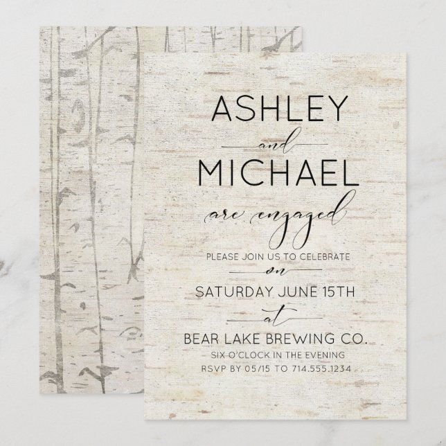 Rustic Birch Bark Typography Engagement Party Invitation (Front/Back)
