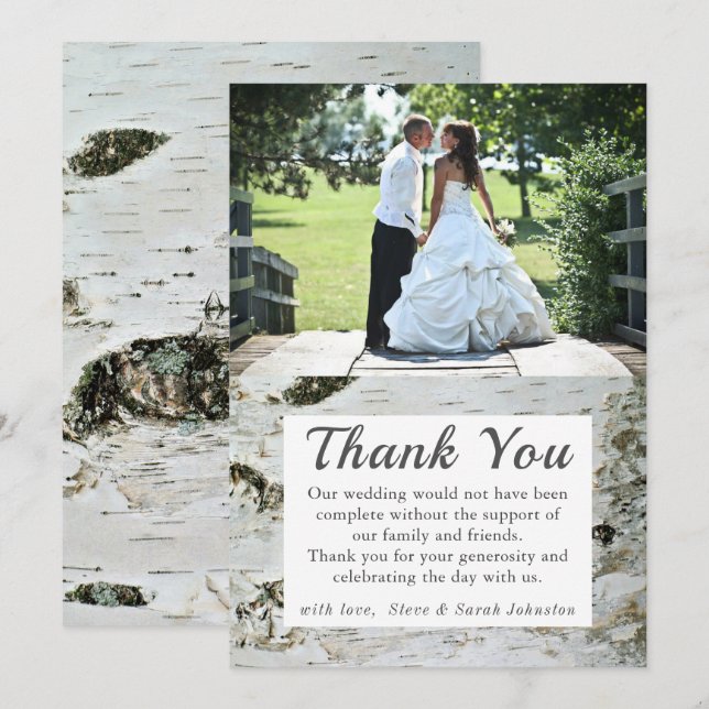 Rustic Birch Bark Wedding Photo Thank You Cards (Front/Back)