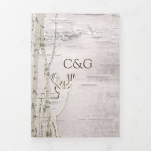 Rustic Birch Bark with Deer Wedding Tri-Fold Invitation