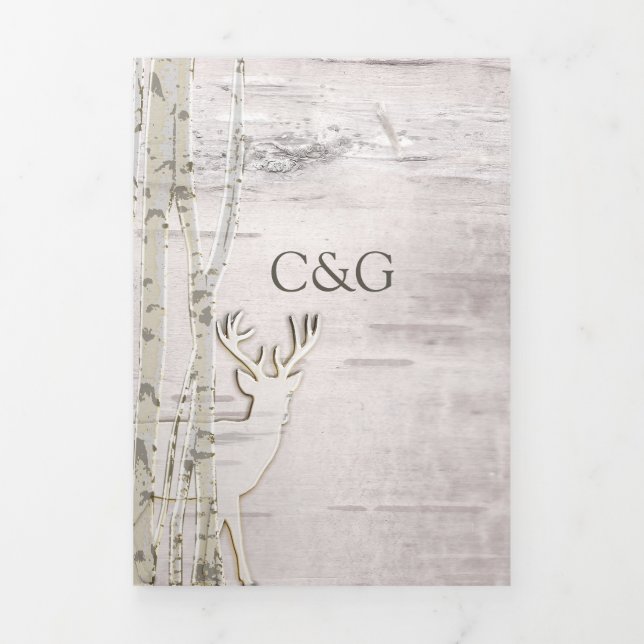 Rustic Birch Bark with Deer Wedding Tri-Fold Invitation (Cover)