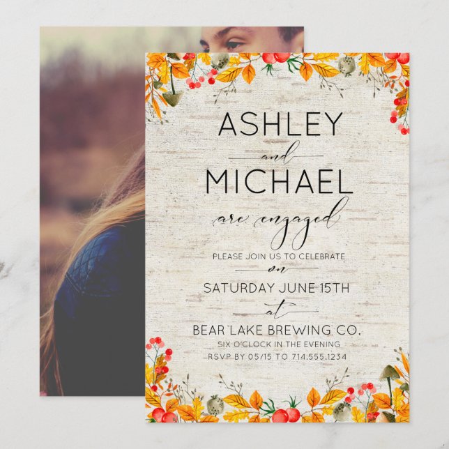Rustic Birch Fall Leaf Photo Typography Party Invitation (Front/Back)