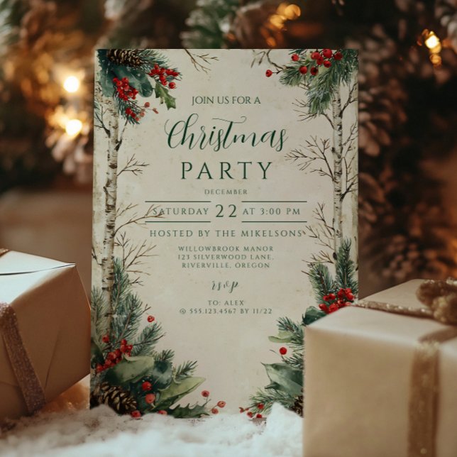 Rustic Birch Pinecone Christmas Party Invitation (Creator Uploaded)