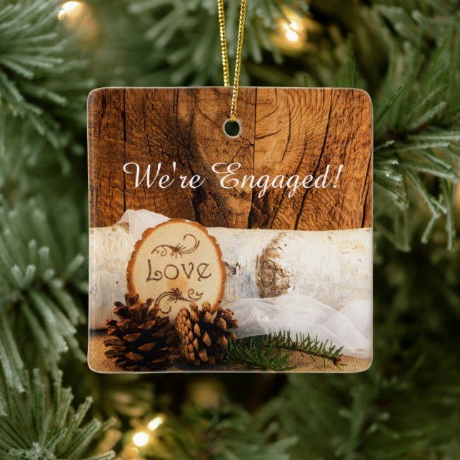 Rustic Birch Tree and Barn Wood Engagement Ceramic Ornament (Tree)