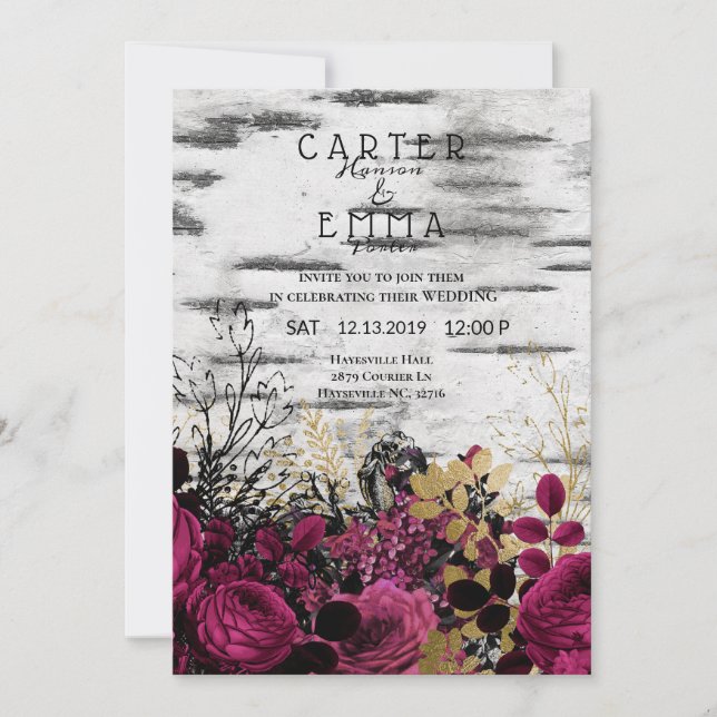 Rustic Birch Tree and Floral Country Wedding Invitation (Front)