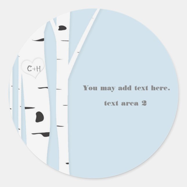Rustic Birch Tree Heart Icy Blue Wedding Favour Classic Round Sticker (Front)