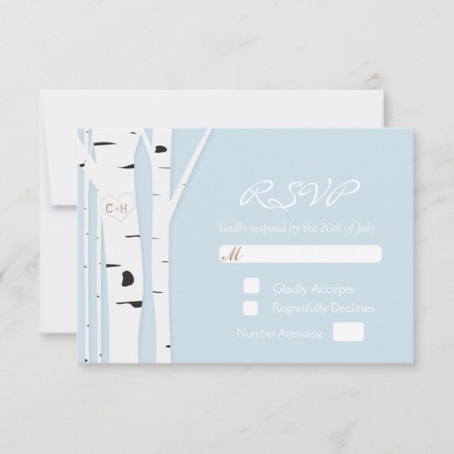 Rustic Birch Tree Heart Icy Blue Wedding RSVP Card (Front)