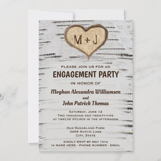 Rustic Birch Tree Heart Initials Engagement Party Invitation (Front)