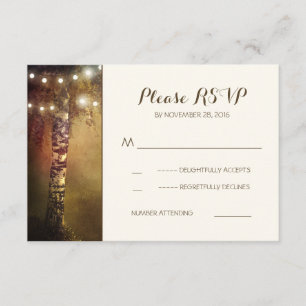 rustic birch tree string lights wedding RSVP cards