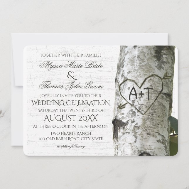 Rustic Birch Tree Wedding with Carved Heart Invitation (Front)
