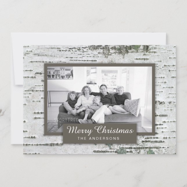 Rustic Birch Wood Christmas Two Photo Card (Front)