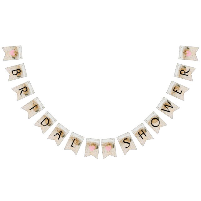 Rustic Birch Wood Hearts Brown Bridal Shower Decor Bunting Flags (All)