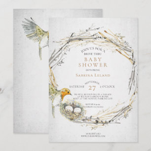 Rustic Bird and Nest Drive Thru Twins Baby Shower Invitation
