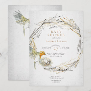 Rustic Bird and Nest Watercolor Baby Shower Invitation