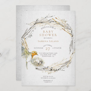 Rustic Bird and Nest Watercolor Baby Shower Invitation