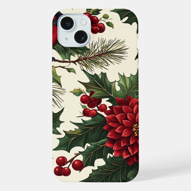 Rustic Bird and Poinsettia Christmas Pattern (10) iPhone Case (Back)