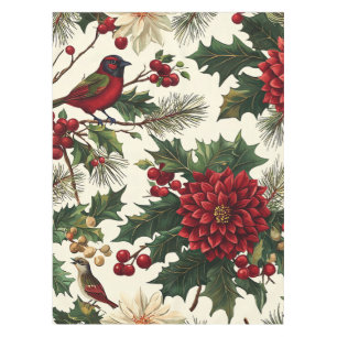 Rustic Bird and Poinsettia Christmas Pattern (10) Tablecloth