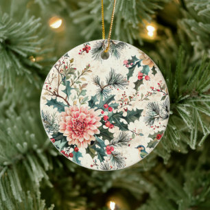Rustic Bird and Poinsettia Christmas Pattern (11) Ceramic Ornament