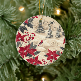 Rustic Bird and Poinsettia Christmas Pattern (12) Ceramic Ornament