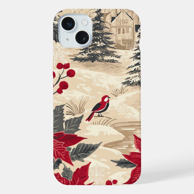 Rustic Bird and Poinsettia Christmas Pattern (12) iPhone Case (Back)