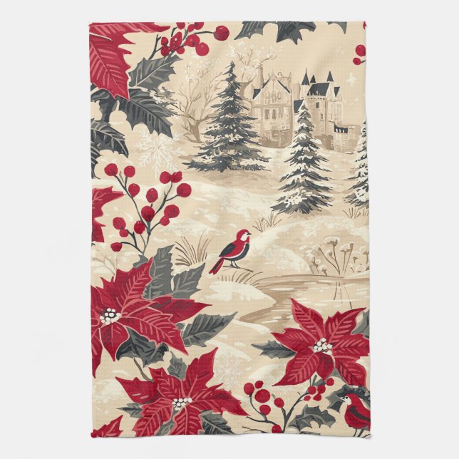 Rustic Bird and Poinsettia Christmas Pattern (12) Kitchen Towel (Vertical)