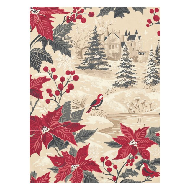 Rustic Bird and Poinsettia Christmas Pattern (12) Tablecloth (Front)