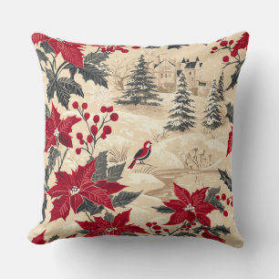 Rustic Bird and Poinsettia Christmas Pattern (12) Throw Pillow