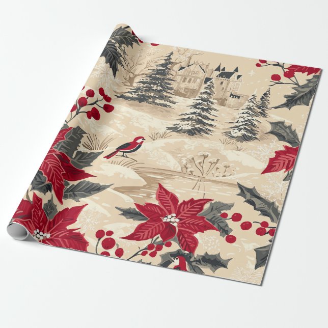 Rustic Bird and Poinsettia Christmas Pattern (12) Wrapping Paper (Unrolled)