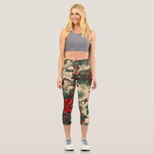 Rustic Bird and Poinsettia Christmas Pattern (13) Capri Leggings