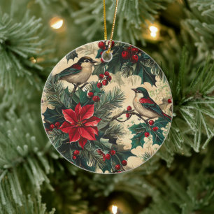 Rustic Bird and Poinsettia Christmas Pattern (13) Ceramic Ornament